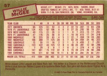 1985 O-Pee-Chee #57 Willie McGee Back