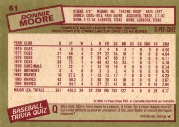 1985 O-Pee-Chee #61 Donnie Moore Back