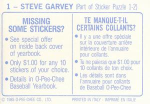 1985 O-Pee-Chee Stickers #1 Steve Garvey Back