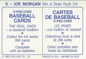 1985 O-Pee-Chee Stickers #5 Joe Morgan Back