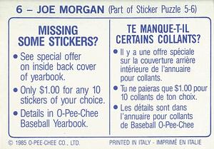 1985 O-Pee-Chee Stickers #6 Joe Morgan Back