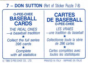 1985 O-Pee-Chee Stickers #7 Don Sutton Back
