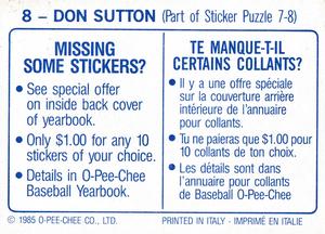 1985 O-Pee-Chee Stickers #8 Don Sutton Back