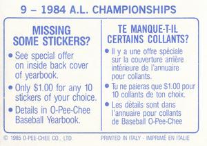 1985 O-Pee-Chee Stickers #9 1984 A.L. Championships Back