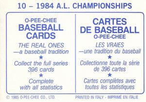 1985 O-Pee-Chee Stickers #10 1984 A.L. Championships Back