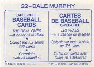 1985 O-Pee-Chee Stickers #22 Dale Murphy Back