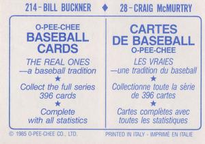 1985 O-Pee-Chee Stickers #28 / 214 Craig McMurtry / Bill Buckner Back