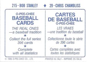 1985 O-Pee-Chee Stickers #29 / 215 Chris Chambliss / Bob Stanley Back