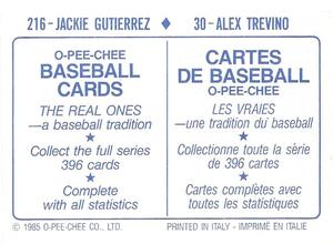 1985 O-Pee-Chee Stickers #30 / 216 Alex Trevino / Jackie Gutierrez Back