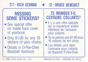 1985 O-Pee-Chee Stickers #31 / 217 Bruce Benedict / Rich Gedman Back