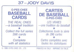 1985 O-Pee-Chee Stickers #37 Jody Davis Back