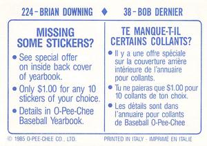 1985 O-Pee-Chee Stickers #38 / 224 Bob Dernier / Brian Downing Back
