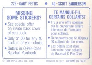 1985 O-Pee-Chee Stickers #40 / 226 Scott Sanderson / Gary Pettis Back