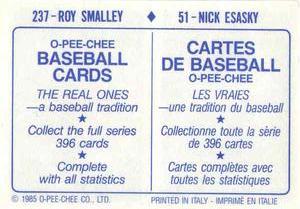 1985 O-Pee-Chee Stickers #51 / 237 Nick Esasky / Roy Smalley Back