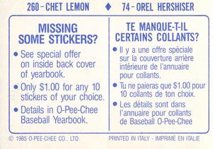 1985 O-Pee-Chee Stickers #74 / 260 Orel Hershiser / Chet Lemon Back