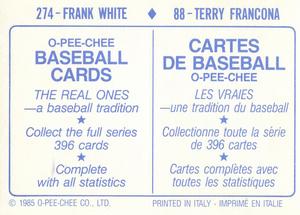 1985 O-Pee-Chee Stickers #88 / 274 Terry Francona / Frank White Back