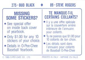 1985 O-Pee-Chee Stickers #89 / 275 Steve Rogers / Bud Black Back