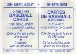 1985 O-Pee-Chee Stickers #90 / 276 Bryn Smith / Darryl Motley Back