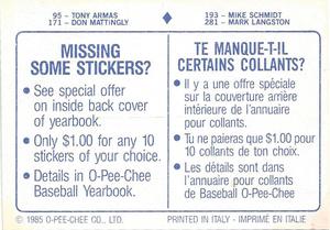 1985 O-Pee-Chee Stickers #95/171/193/281 Tony Armas / Don Mattingly / Mike Schmidt / Mark Langston Back