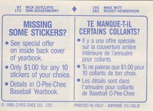 1985 O-Pee-Chee Stickers #97/173/195/283 Rick Sutcliffe / Dan Quisenberry / Mike Witt / Rickey Henderson Back