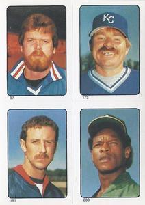 1985 O-Pee-Chee Stickers #97/173/195/283 Rick Sutcliffe / Dan Quisenberry / Mike Witt / Rickey Henderson Front