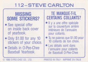 1985 O-Pee-Chee Stickers #112 Steve Carlton Back