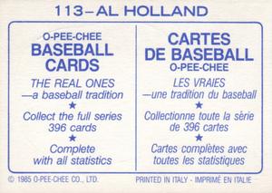 1985 O-Pee-Chee Stickers #113 Al Holland Back