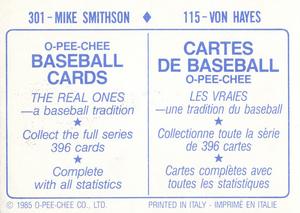1985 O-Pee-Chee Stickers #115 / 301 Von Hayes / Mike Smithson Back