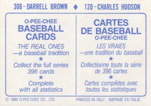 1985 O-Pee-Chee Stickers #120 / 306 Charles Hudson / Darrell Brown Back