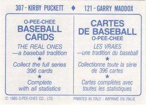 1985 O-Pee-Chee Stickers #121 / 307 Garry Maddox / Kirby Puckett Back