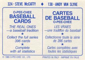 1985 O-Pee-Chee Stickers #138 / 324 Andy Van Slyke / Steve McCatty Back