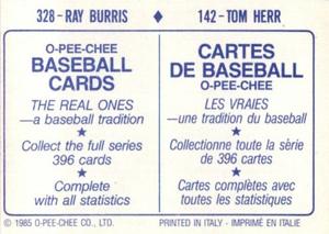 1985 O-Pee-Chee Stickers #142 / 328 Tom Herr / Ray Burris Back