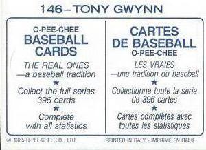 1985 O-Pee-Chee Stickers #146 Tony Gwynn Back