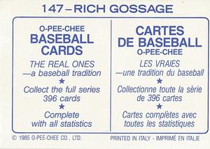1985 O-Pee-Chee Stickers #147 Rich Gossage Back