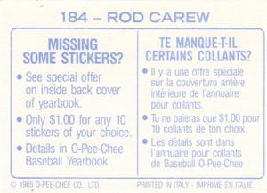 1985 O-Pee-Chee Stickers #184 Rod Carew Back
