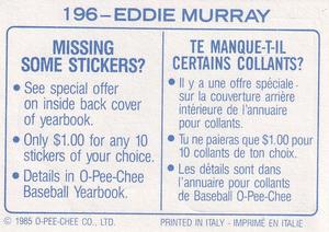 1985 O-Pee-Chee Stickers #196 Eddie Murray Back