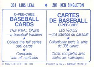 1985 O-Pee-Chee Stickers #201 / 361 Ken Singleton / Luis Leal Back