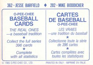 1985 O-Pee-Chee Stickers #202 / 362 Mike Boddicker / Jesse Barfield Back