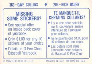 1985 O-Pee-Chee Stickers #203 / 363 Rich Dauer / Dave Collins Back