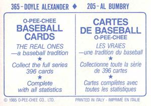 1985 O-Pee-Chee Stickers #205 / 365 Al Bumbry / Doyle Alexander Back