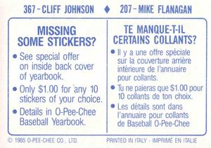 1985 O-Pee-Chee Stickers #207 / 367 Mike Flanagan / Cliff Johnson Back