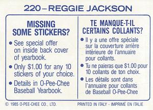 1985 O-Pee-Chee Stickers #220 Reggie Jackson Back
