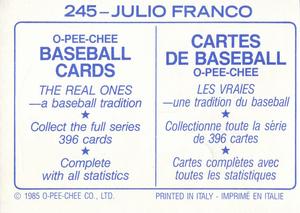 1985 O-Pee-Chee Stickers #245 Julio Franco Back