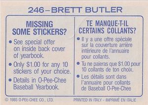 1985 O-Pee-Chee Stickers #246 Brett Butler Back