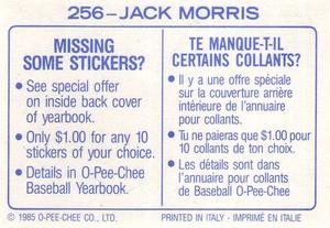 1985 O-Pee-Chee Stickers #256 Jack Morris Back