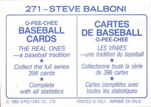 1985 O-Pee-Chee Stickers #271 Steve Balboni Back