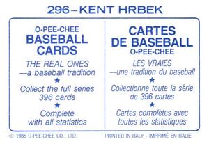 1985 O-Pee-Chee Stickers #296 Kent Hrbek Back
