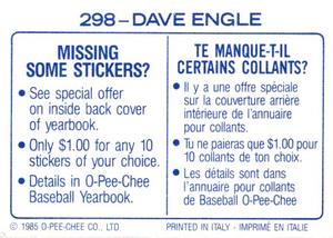 1985 O-Pee-Chee Stickers #298 Dave Engle Back