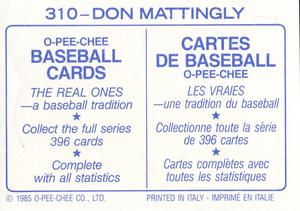 1985 O-Pee-Chee Stickers #310 Don Mattingly Back