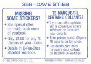1985 O-Pee-Chee Stickers #356 Dave Stieb Back